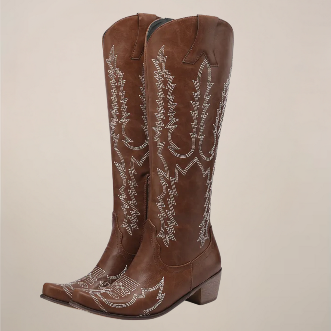 Women’s Western Knee-High Boots with Embroidered Detailing – Block Heel