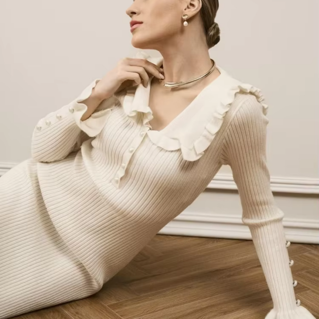 Ruffle Knit Maxi Dress – Elegant Slim Fit Spring Summer Dress