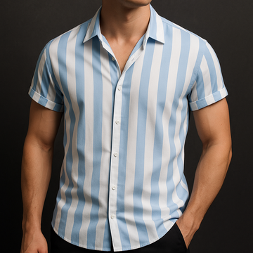 Men’s Short Sleeve Button-Up Shirt with Vertical Stripe Pattern
