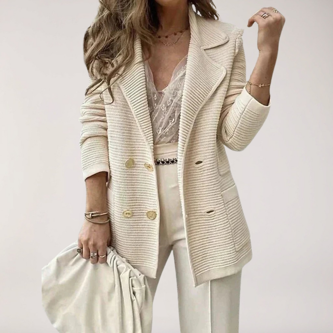 Women's Tailored Ribbed Beige Blazer - Double Breasted