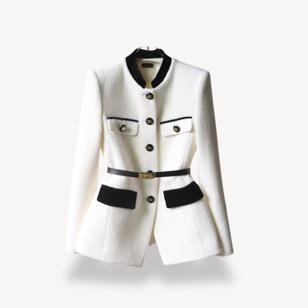 Women's Tailored Belted Blazer – Velvet Detail & Gold-Tone Finish