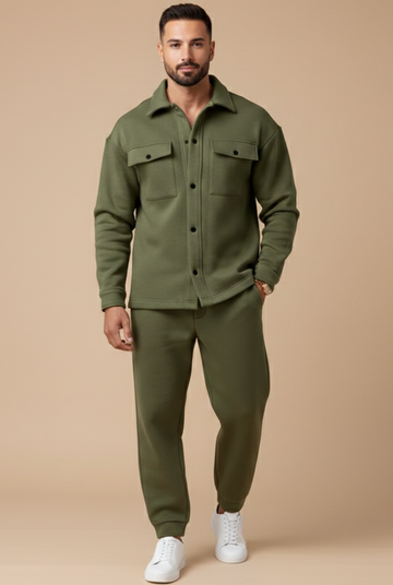 Men's Two Piece Set - Long Sleeve Button-Front Overshirt with Chest Pockets and Elasticated Drawstring Jogger Trousers - Casual Style