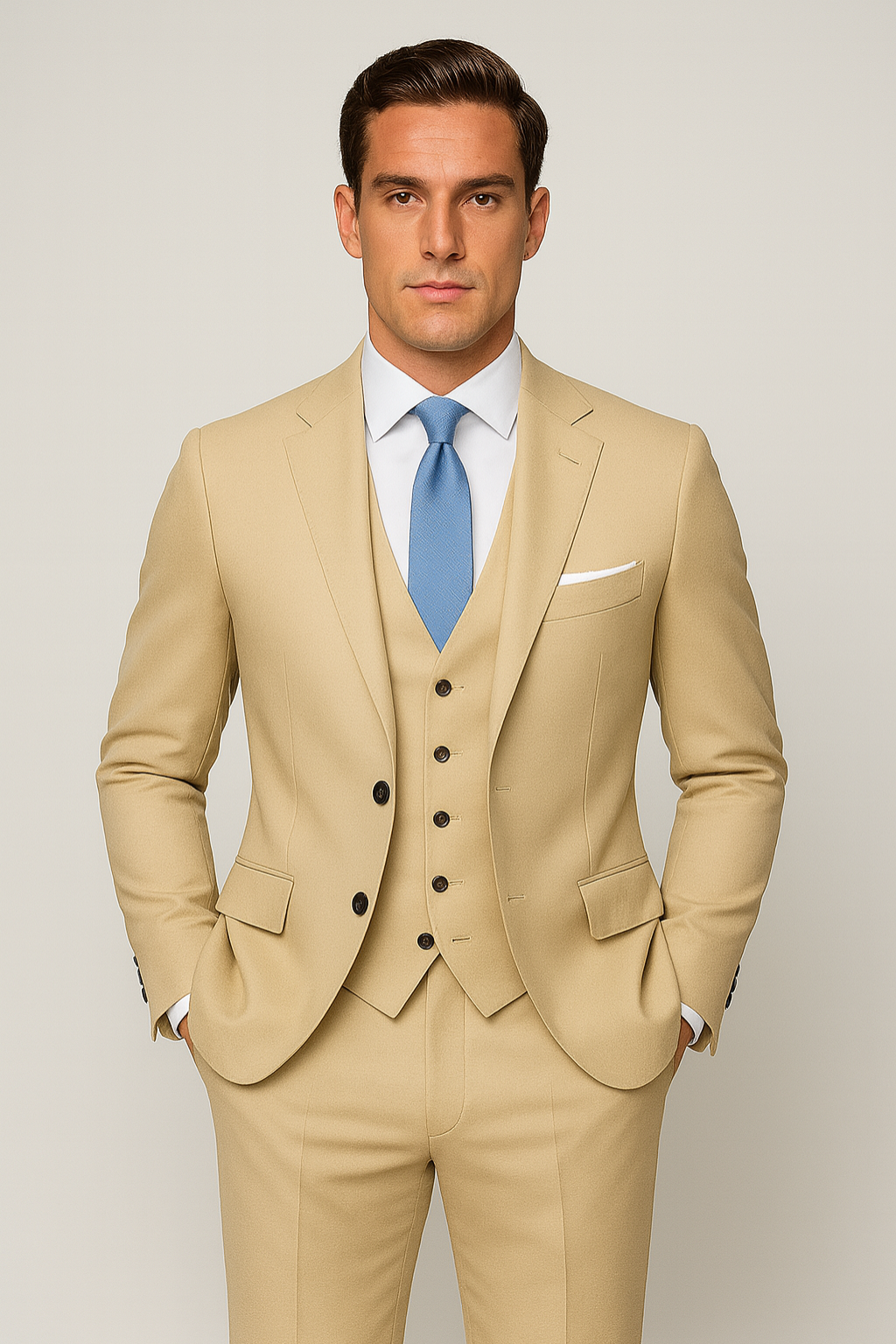 Men’s Dark Grey and Beige Three-Piece Suit – Tailored Formal Business & Wedding Set