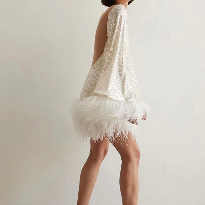 Women’s Sequin Evening Dress – Feather Hem Party Dress for Special Events
