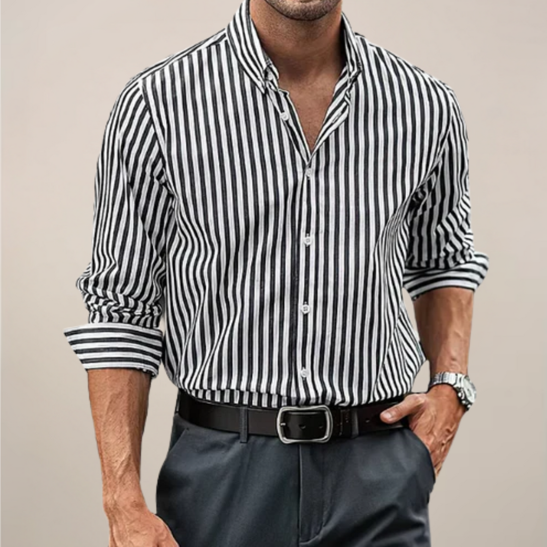 Men’s Striped Long Sleeve Shirt – Classic Smart Casual Button-Up
