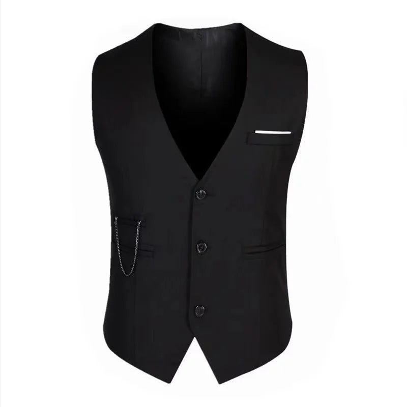 Black Men’s Black Formal Waistcoat – Slim Tailored Dress Vest with Pocket Chain