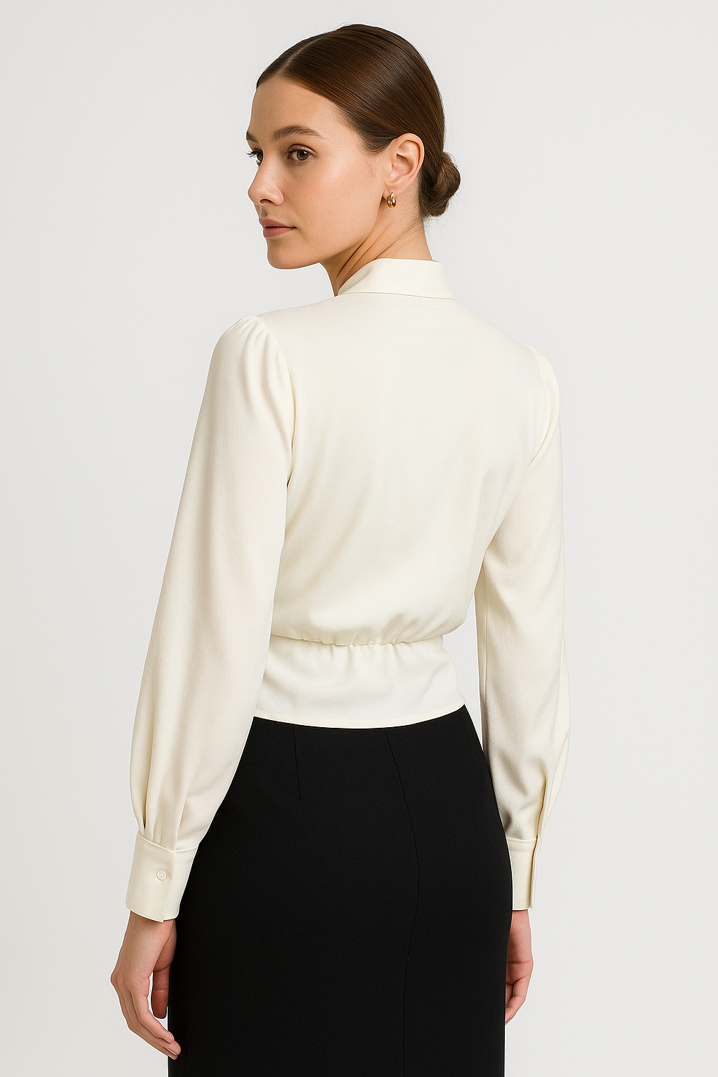 Puff Sleeve Satin Blouse with Tailored Waist Detail