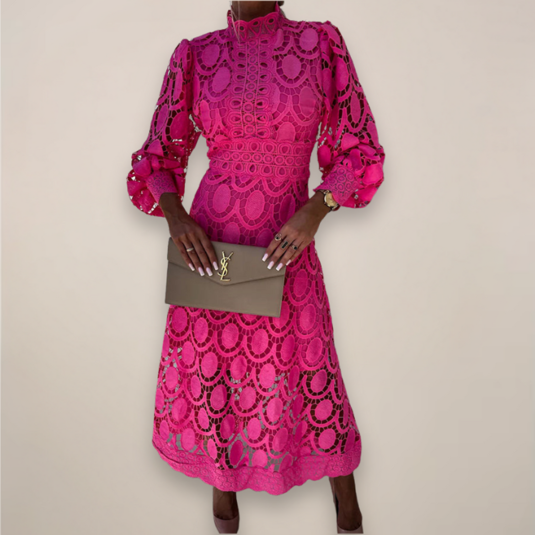 Elegant Lace Midi Dress – High Neck – Puff Sleeves – Tailored Silhouette