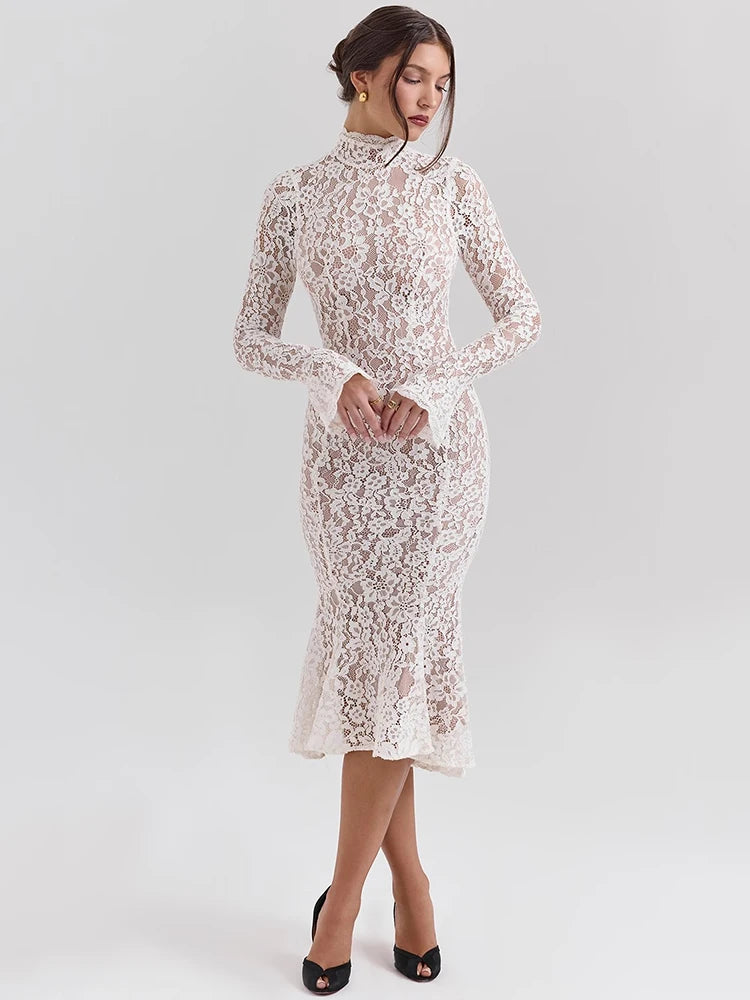 Elegant White Lace Midi Dress – High Neck, Long Sleeve, Sculpted Fit