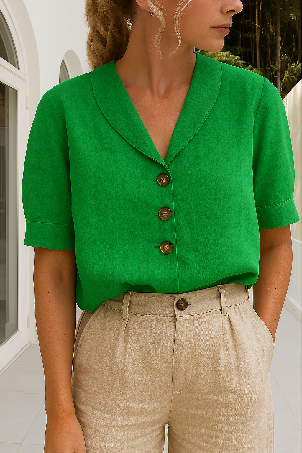 Envelope Neckline Blouse with Button Detail – Short and Long Sleeve