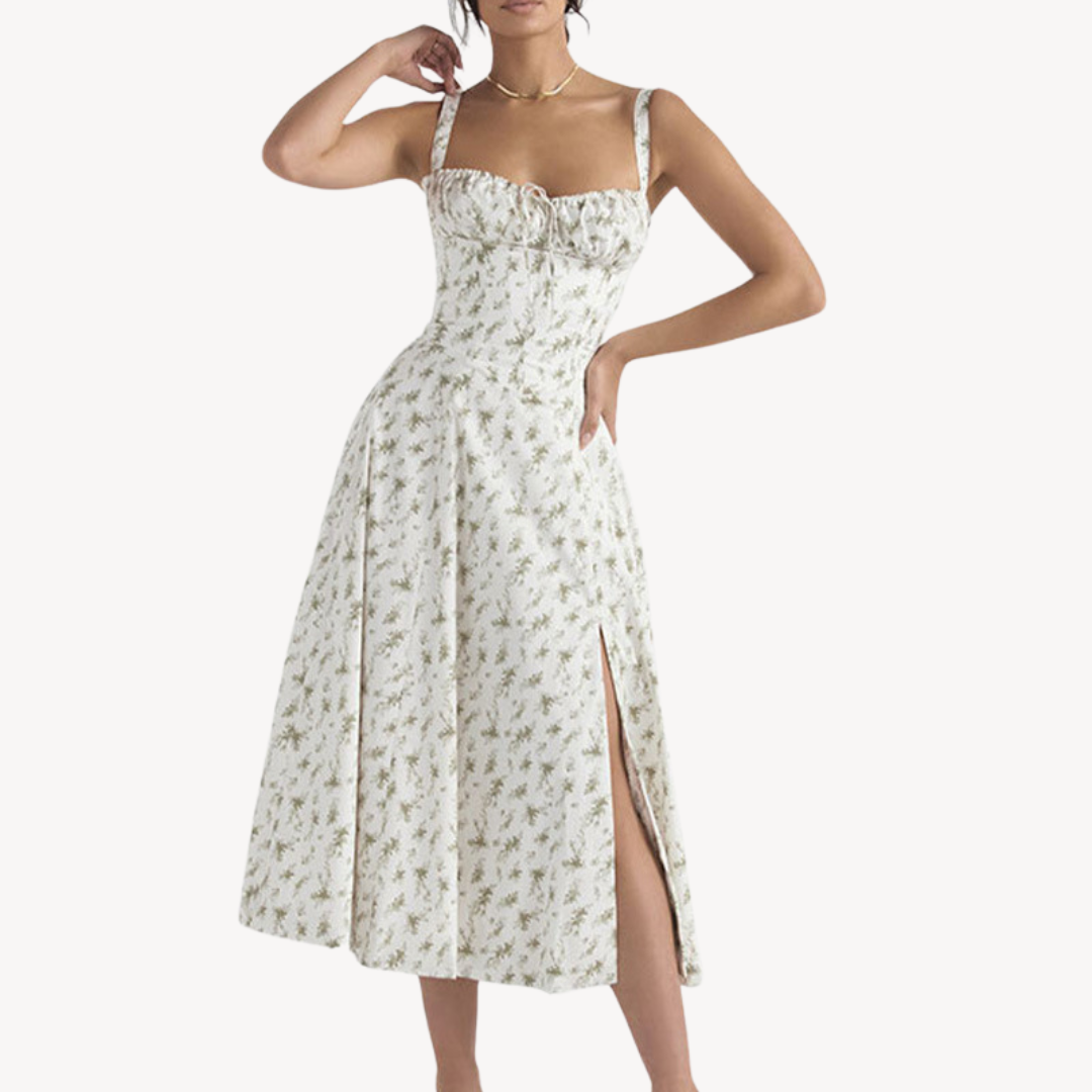 Floral Corset Midi Dress – Cotton A-Line with Pastel Print