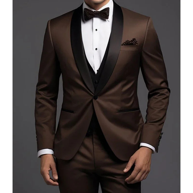 Formal Dark Brown 3-Piece Men’s Suit – Black Shawl Lapel, Elegant Party Ensemble