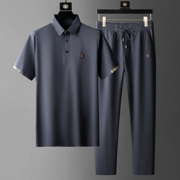 Men’s Short Sleeve Polo Shirt and Trousers Set with Button Placket and Drawstring Waist
