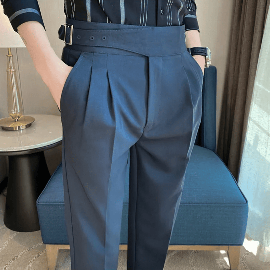 High Waisted Pleated Men's Formal Straight Fit Trousers