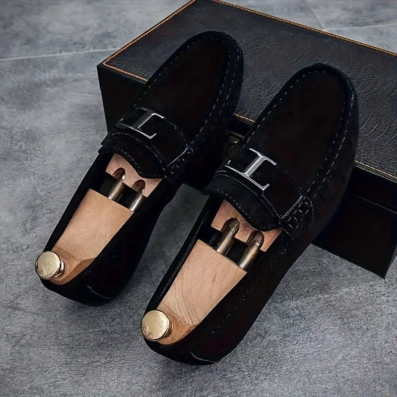 Men’s Casual Slip-On Loafers – Spring/Summer Shoes with Metallic Buckle & Rubber Sole