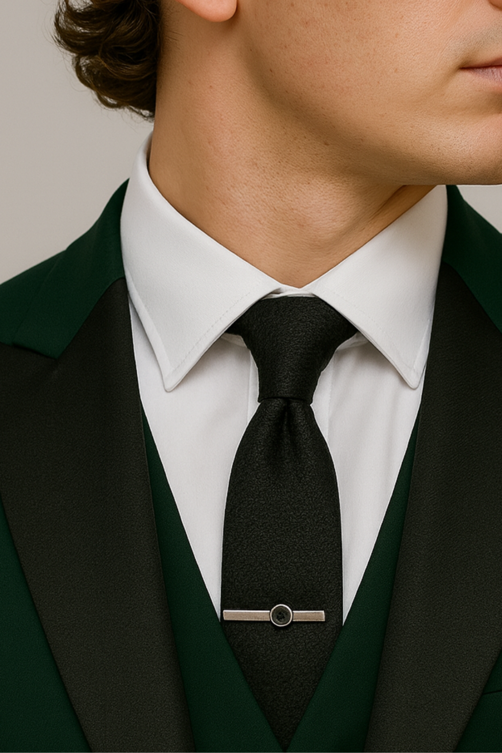 Men’s Dark Green Three-Piece Suit – Tailored, Contrast Lapel