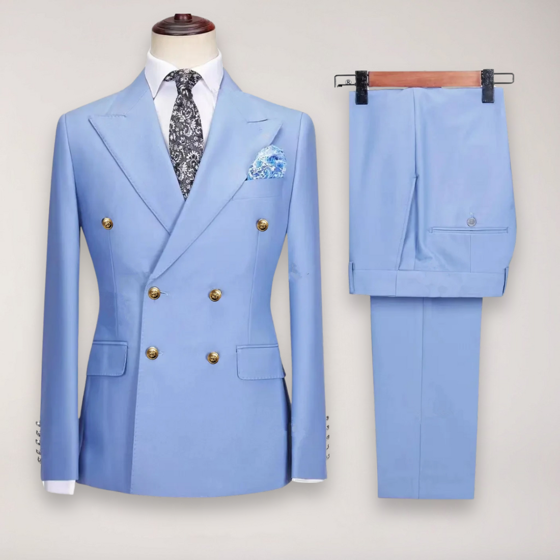 Men’s Double-Breasted Two-Piece Formal Suit – Tailored Blazer and Trousers with Gold Buttons