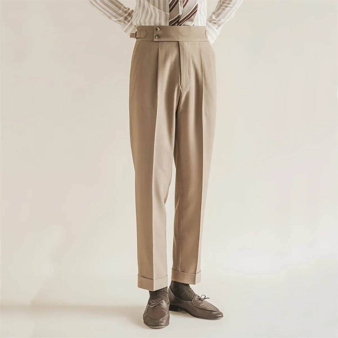 Men’s Formal Tailored Trousers – High-Rise Pleated Front with Cuffed Hem