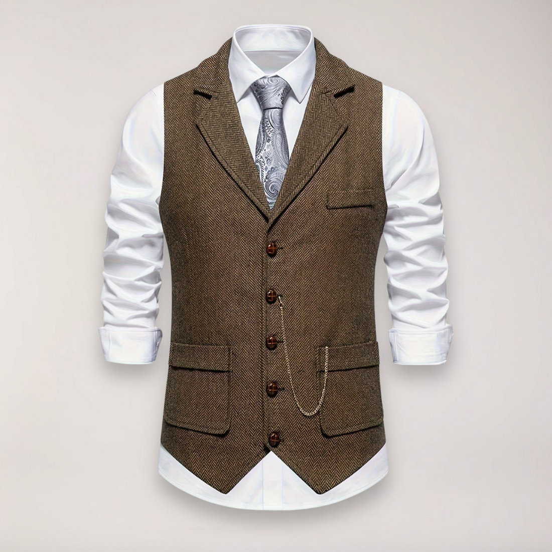 Men’s Herringbone Waistcoat – Classic Fit with Reversed Collar