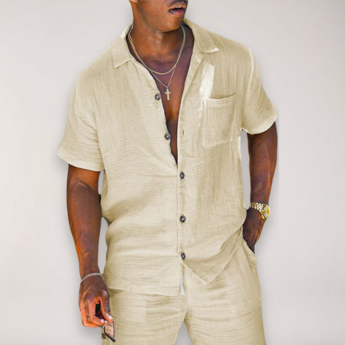 Men’s Linen Two-Piece Summer Set – Short Sleeve Shirt & Shorts with Relaxed Fit