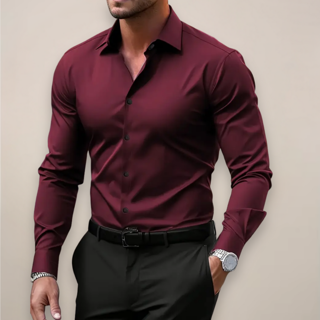 Men’s Long-Sleeve Shirt – Classic Notched Collar, Versatile Smart Style