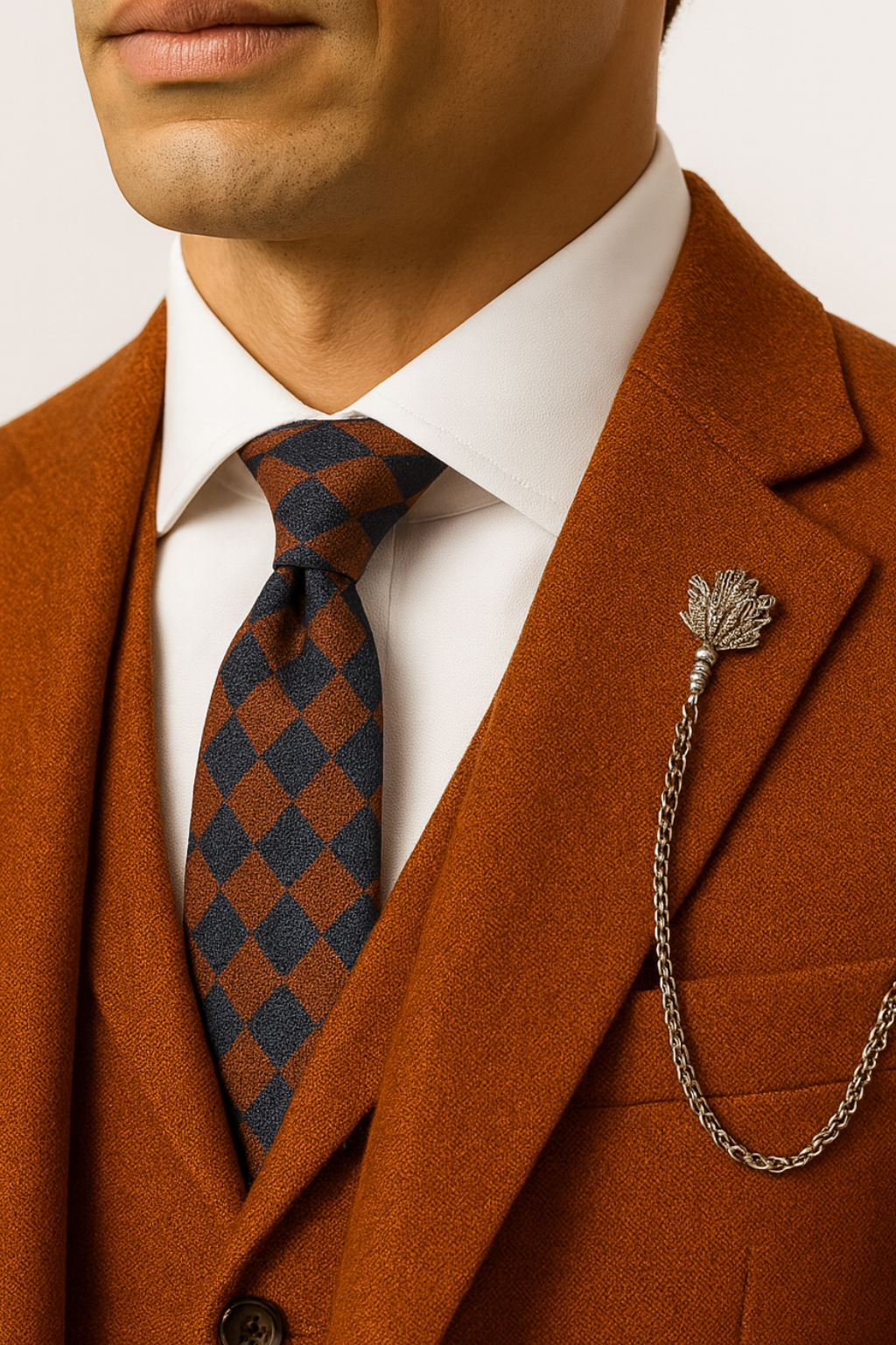 Men’s Orange Three-Piece Tweed Suit – Tailored Herringbone Blazer, Waistcoat and Trousers