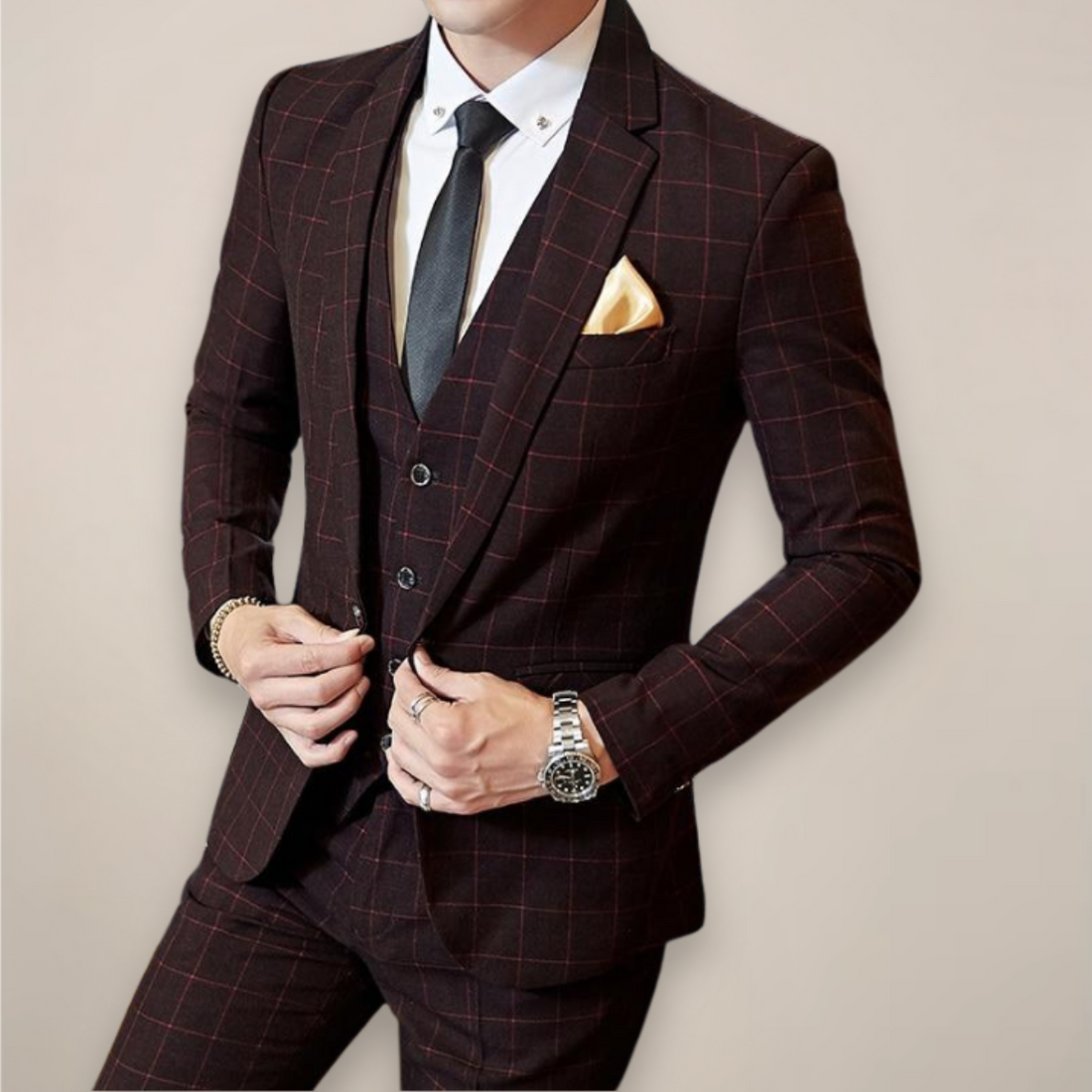 Men’s Plaid Two-Piece Formal Suit – Slim Fit Checked Blazer, Waistcoat & Trousers