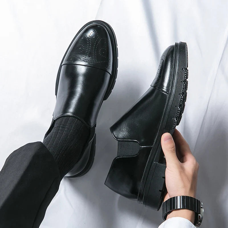 Men’s Slip-On Leather Shoes – Smart Casual Comfort with Elastic Panels