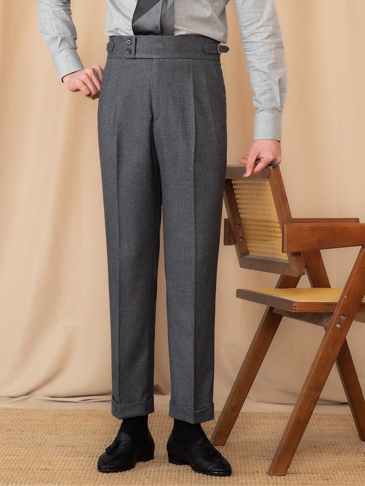 Men’s Tailored Trousers – Wool Blend – High-Rise Waist – Pleated Front – Cuffed Hem