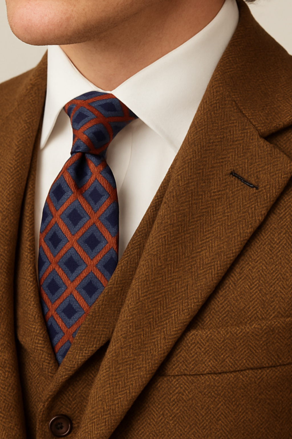 Men’s Three-Piece Brown Tweed Suit – Tailored Blazer, Waistcoat and Trousers