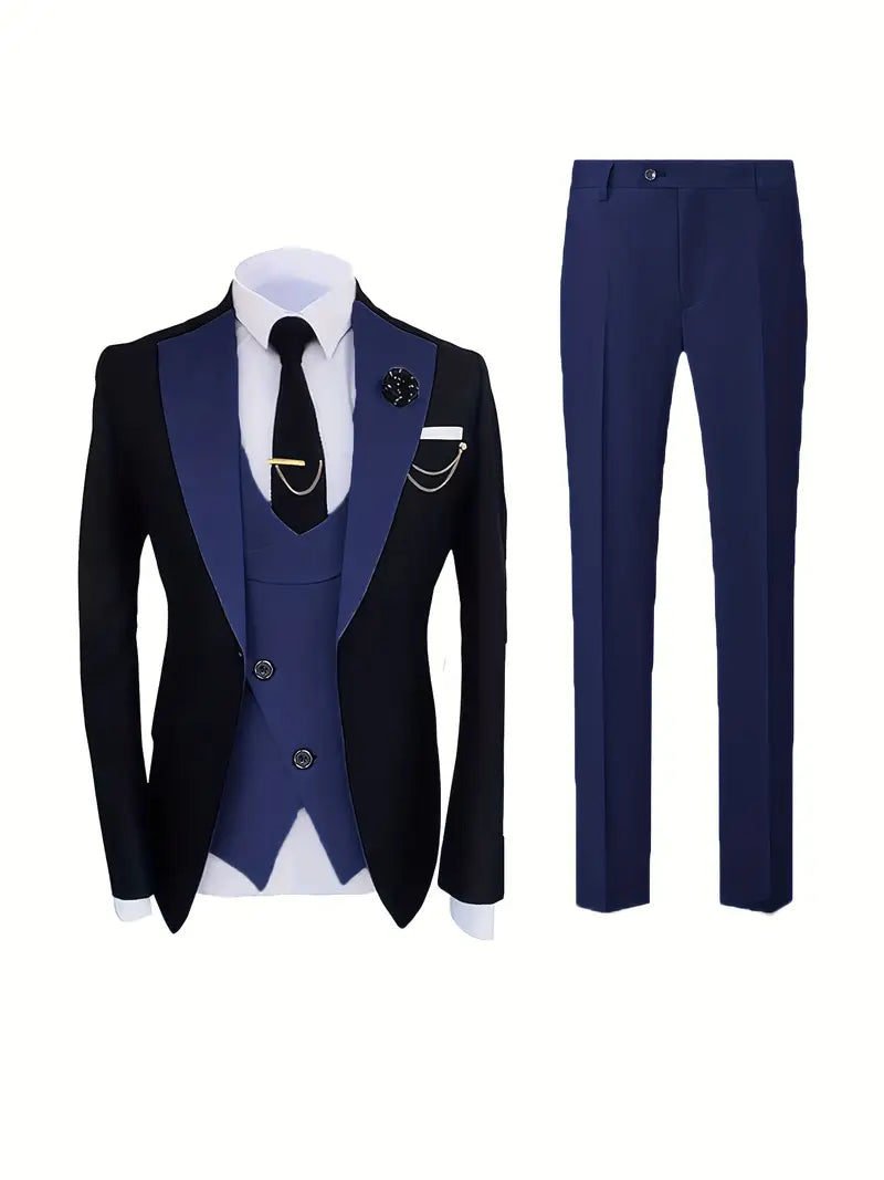 Men’s Three-Piece Tuxedo Suit – Dark Contrast Formal Wear