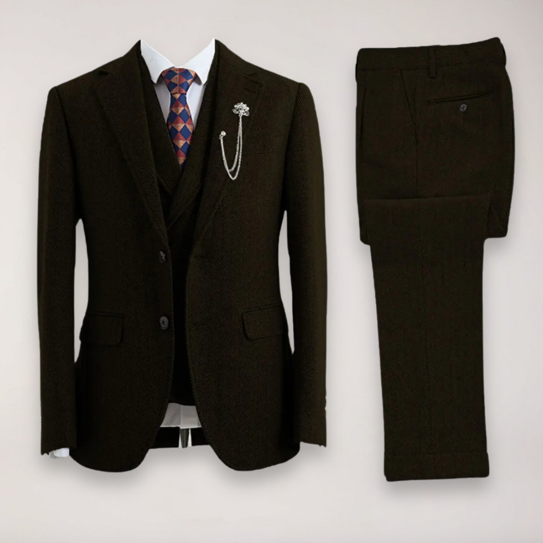 Men’s Tweed Herringbone Three-Piece Suit – Blazer, Waistcoat, and Trousers