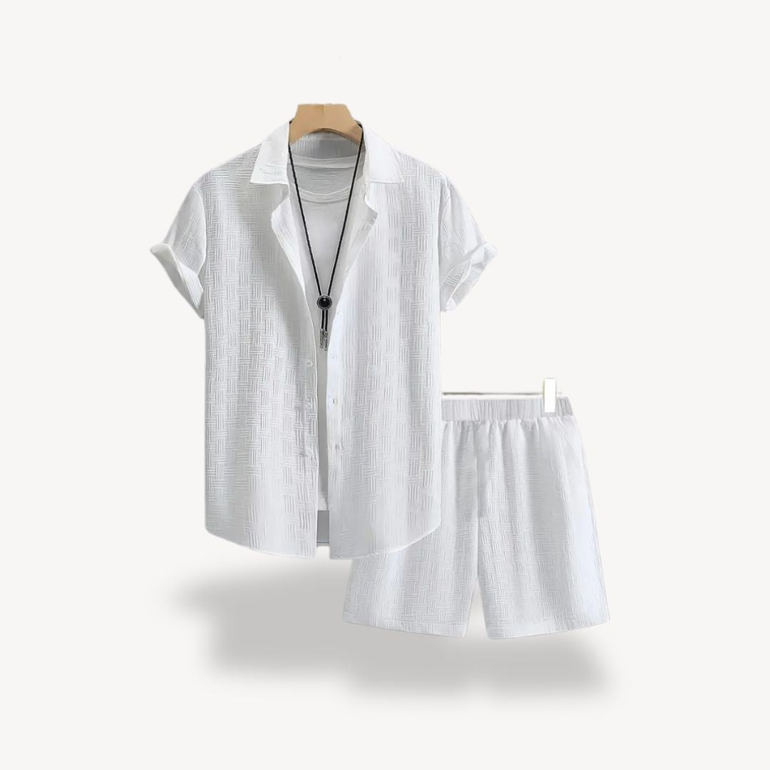 Men’s Two-Piece Casual Short Set – Short Sleeve Shirt and Drawstring Shorts – Lightweight and Breathable