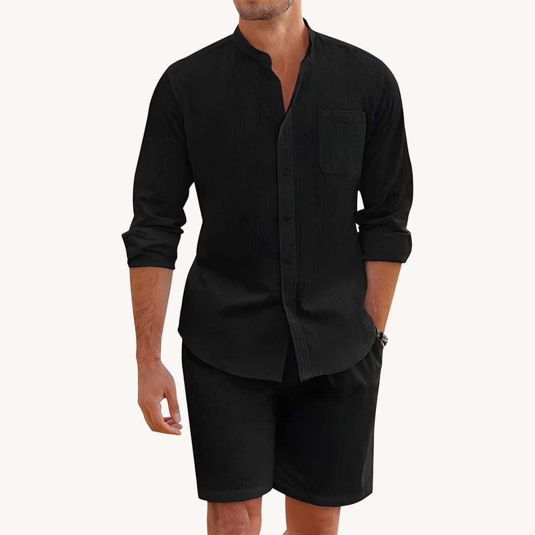 Men’s Two-Piece Summer Set – Button-Up Shirt and Drawstring Shorts – Lightweight – Relaxed Fit