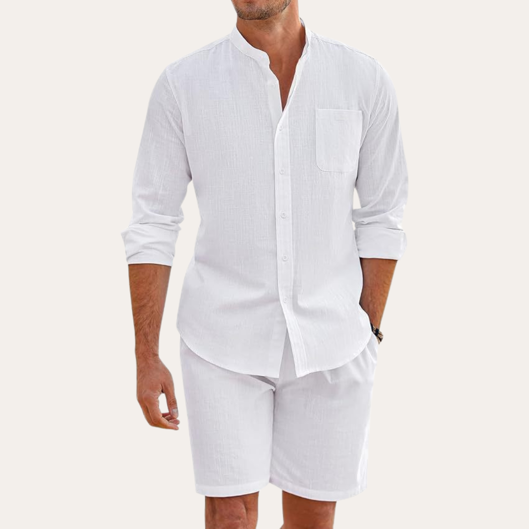 Men’s Two-Piece Summer Set – Long Sleeve Shirt and Shorts – Relaxed Fit – Lightweight and Breathable