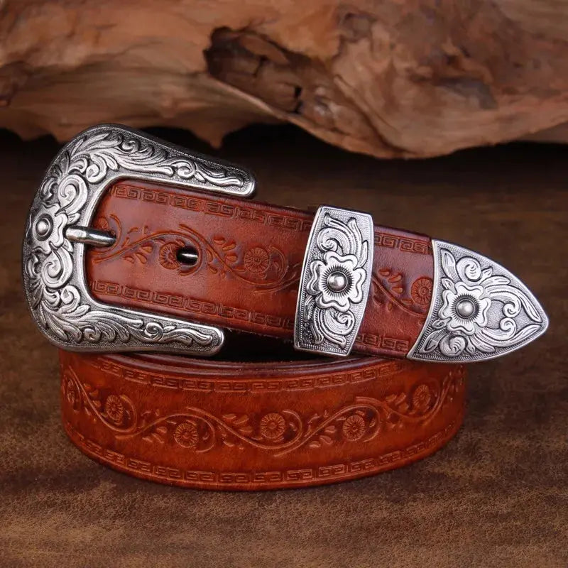 Men’s Western Belt with Embossed Detailing and Ornate Buckle – Smart Casual and Evening