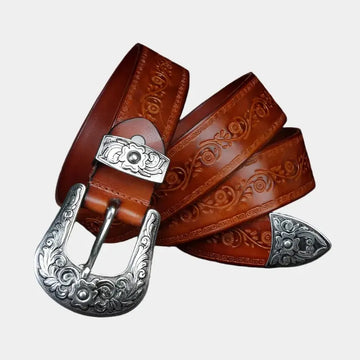 Men’s Western Belt with Embossed Detailing and Ornate Buckle – Smart Casual and Evening