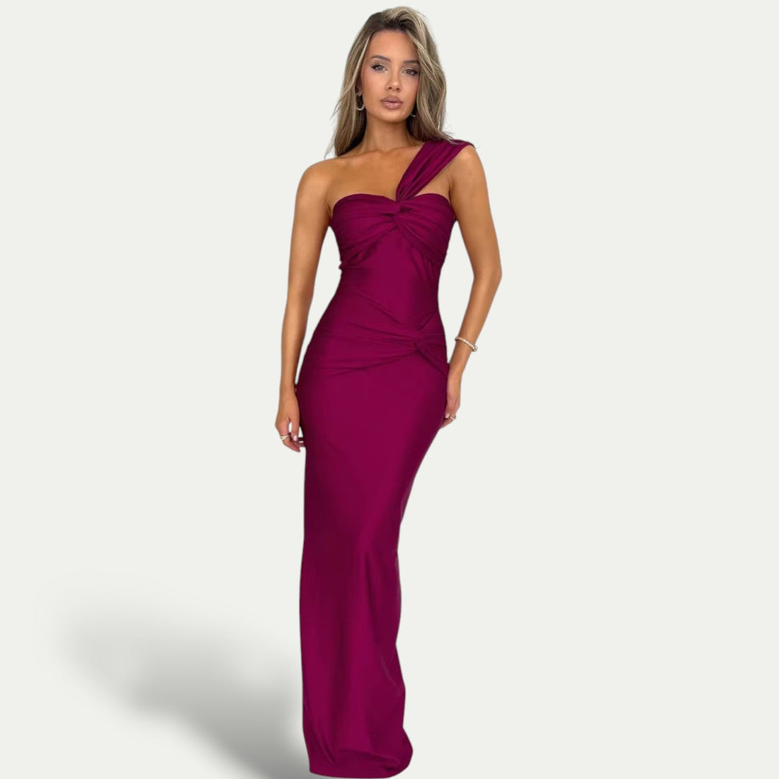 One-Shoulder Ruched Maxi Dress – Evening Elegance in Deep Berry