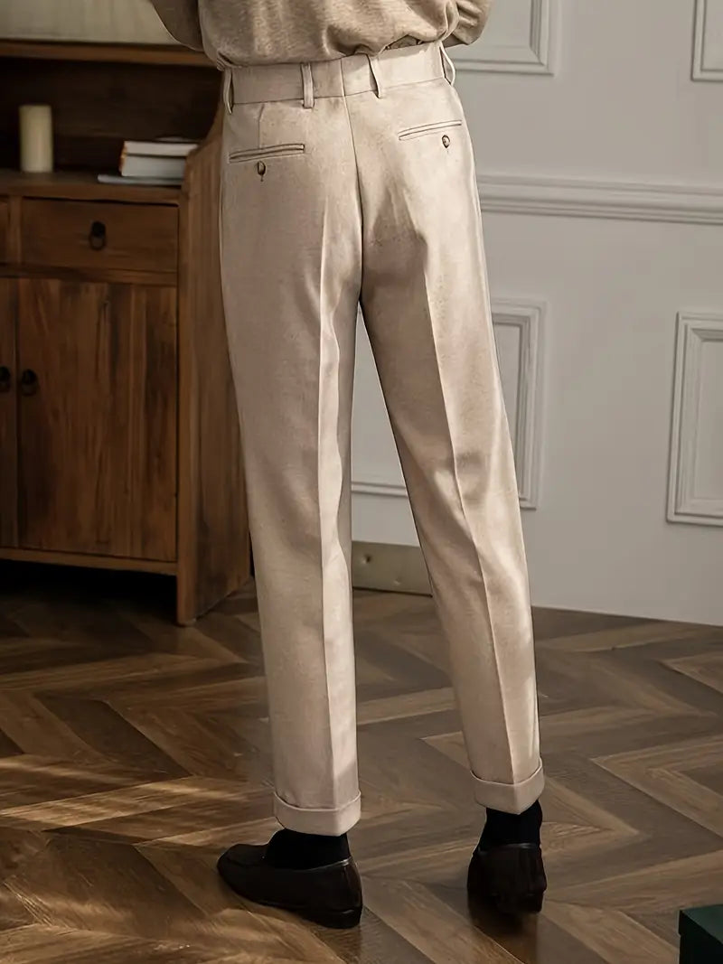 Pleated British Style Tailored Trousers - Straight Fit High Rise