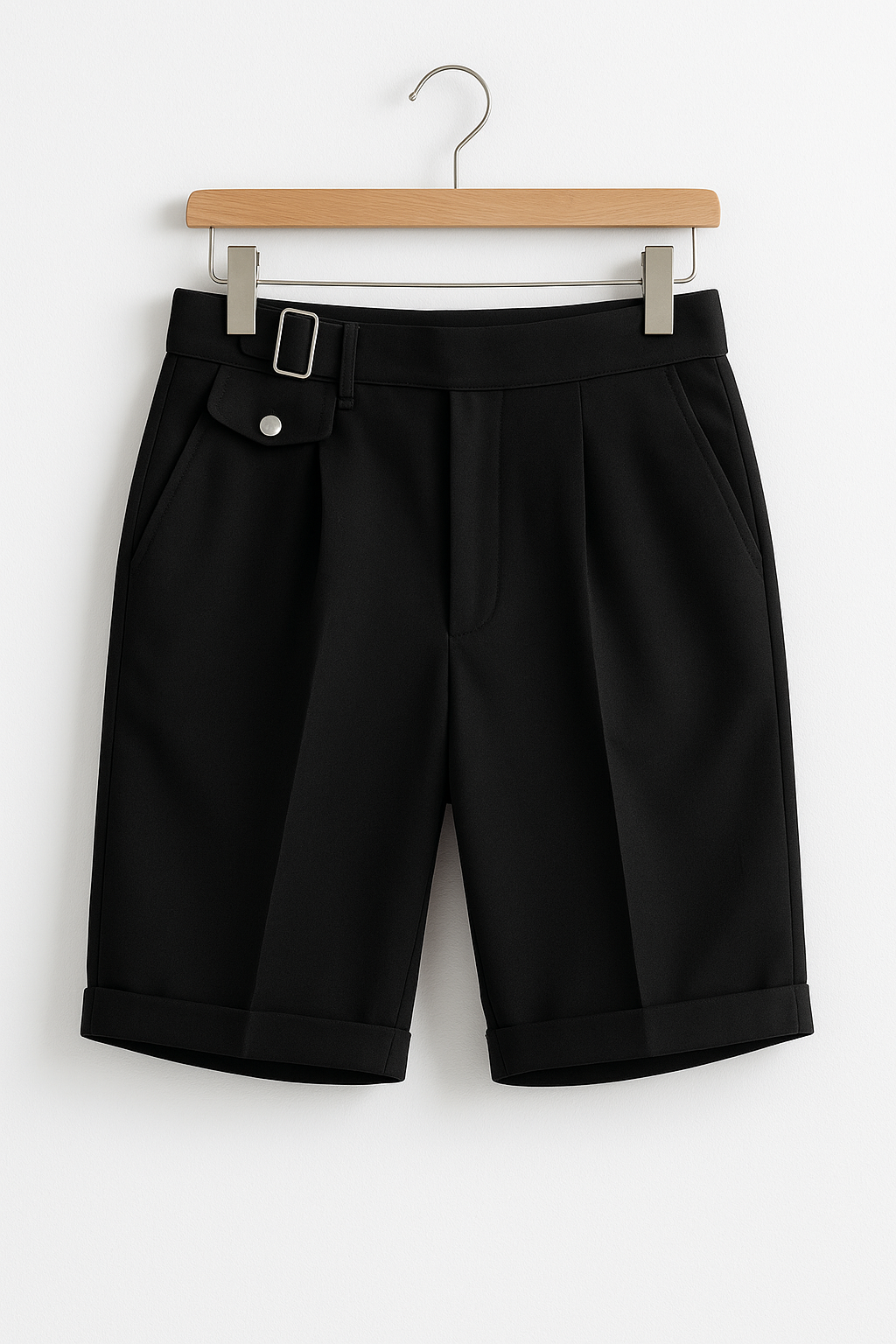 Pleated Tailored Shorts with Side Buckles – Slim Fit