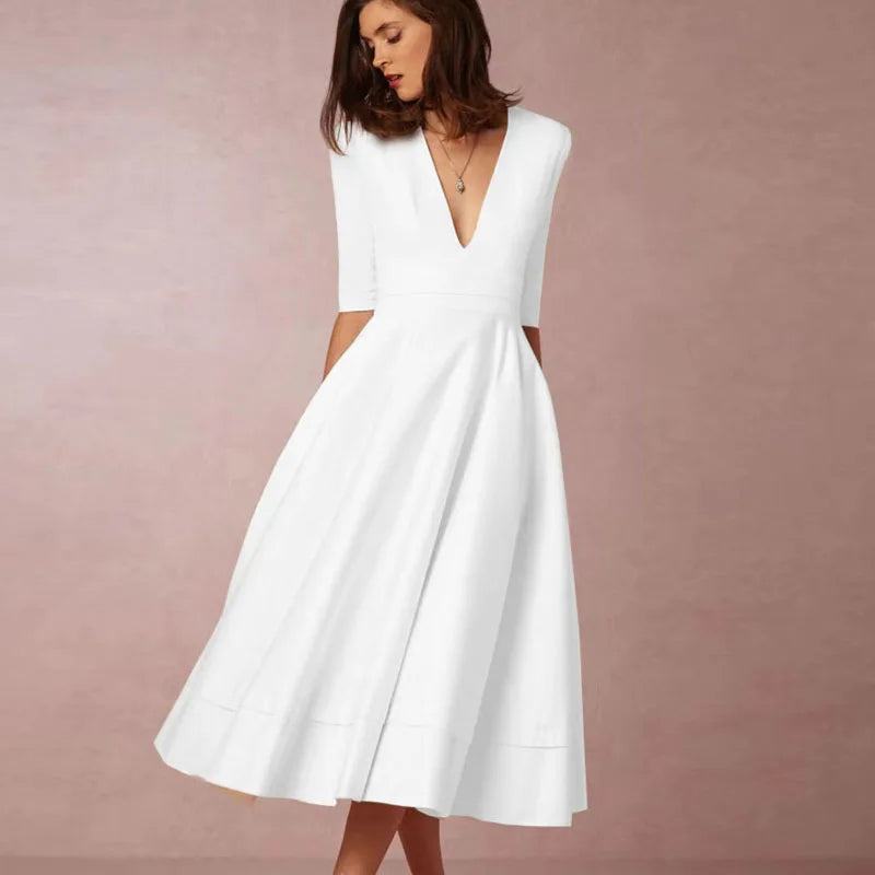 Structured A-Line Midi Dress – Deep V-Neck & 3/4 Sleeves