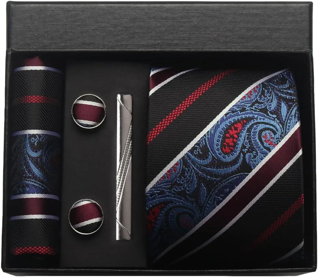 Men’s Paisley Tie Gift Set – Formal Necktie, Pocket Square, Cufflinks & Clip in Box
