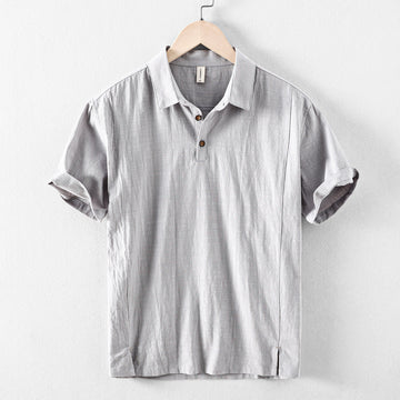 Men's Short-Sleeve Linen Blend Pull-On Shirt - Point Collar Two-Button Neckline Placket - Side Vents Casual Summer Style