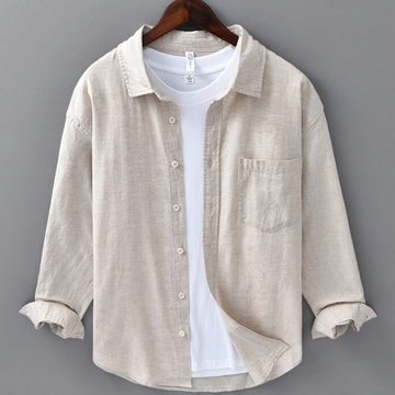 Men's Long-Sleeve Linen Blend Shirt - Point Collar Button-Down Chest Pocket Casual Style
