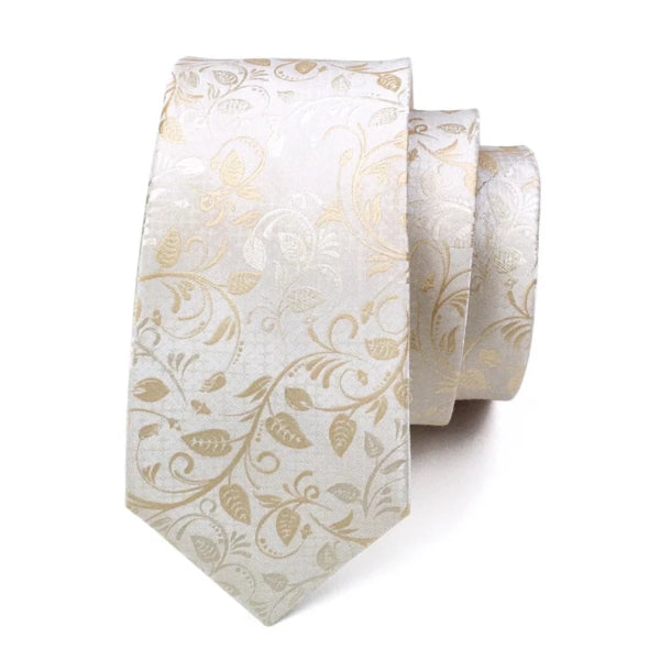 White Gold Floral Tie with Matching Pocket Square & Cufflinks