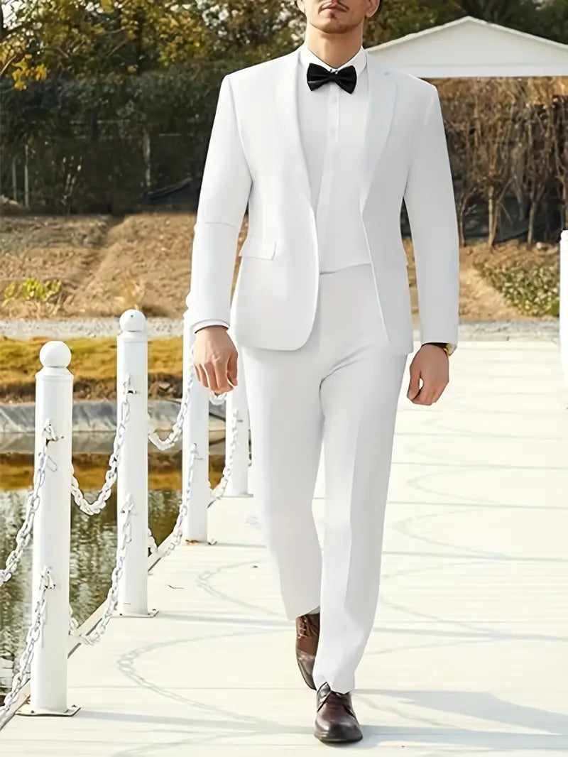 White Men’s Spring/Summer Two-Piece Suit – Blazer & Trousers Set
