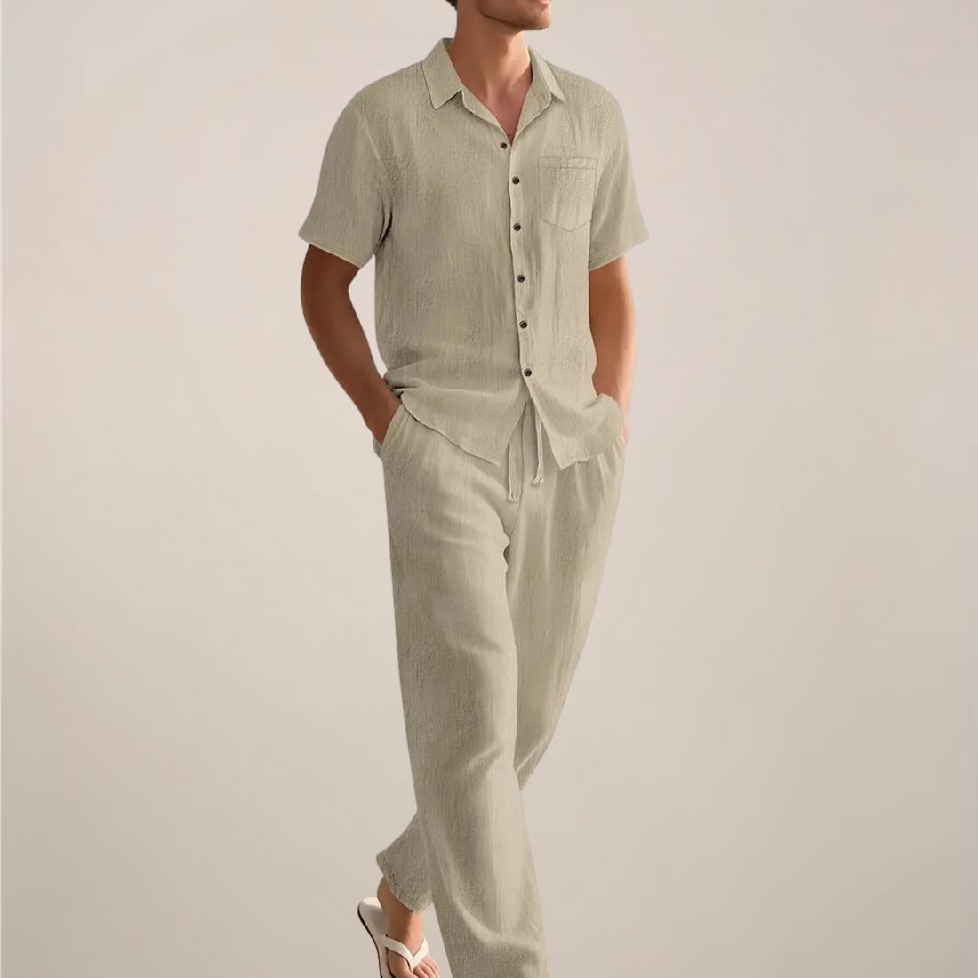 White and Khaki Linen Blend Beach Set – Men’s Holiday Shirt & Trousers Co-ord