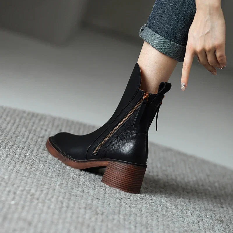 Women’s Block Heel Zip Boots – Sleek Round-Toe Ankle Style