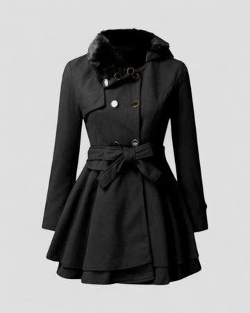 Women’s Double-Breasted Belted Winter Coat – Fur Collar Elegance