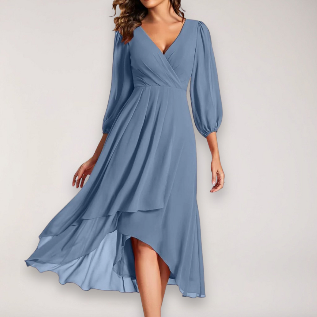Women’s High-Low Maxi Dress – V-Neck – Long Sleeves – Elegant Evening Gown